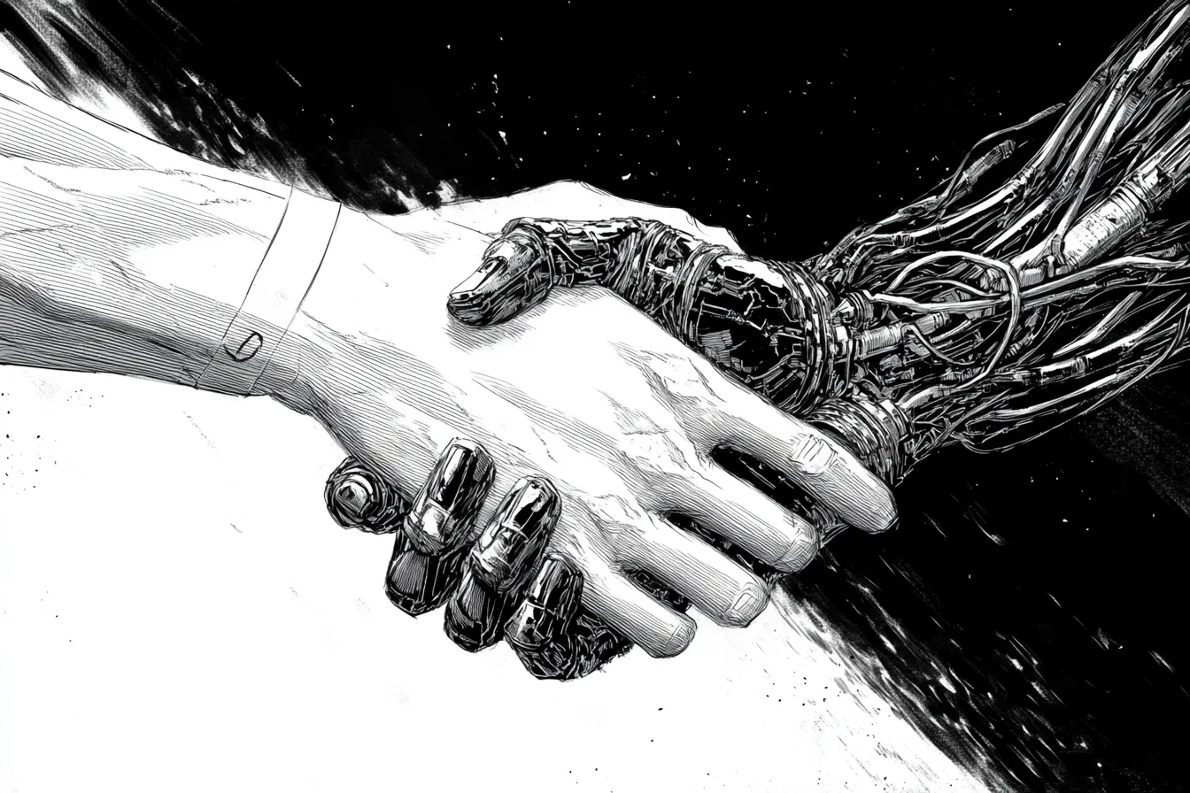 A human hand shaking an AI hand