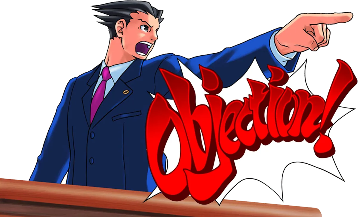 Lawyer Phoenix Wright pointing and making an objection