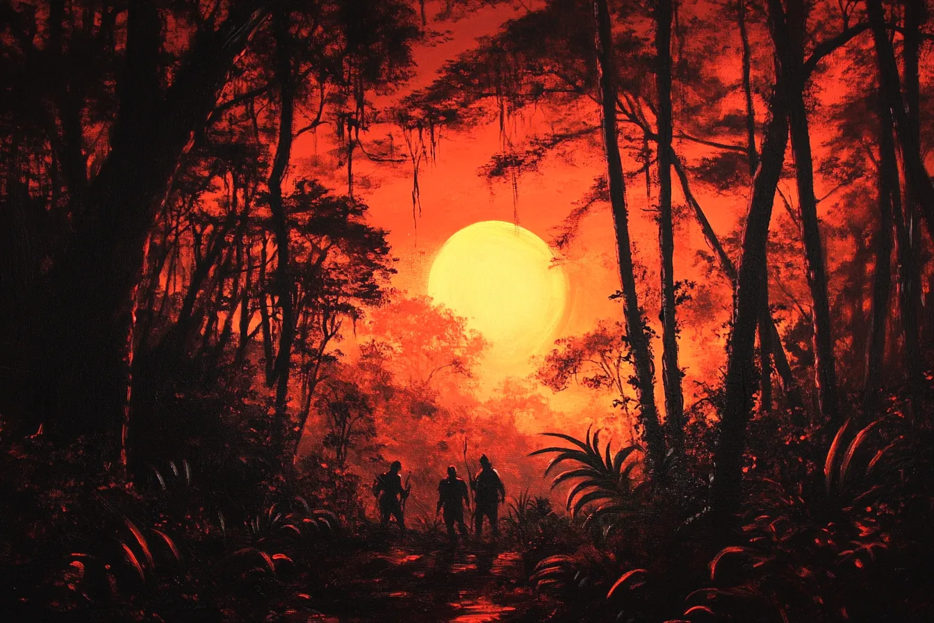 A painting of a rainforest and 4 adventurers while the sun is setting.