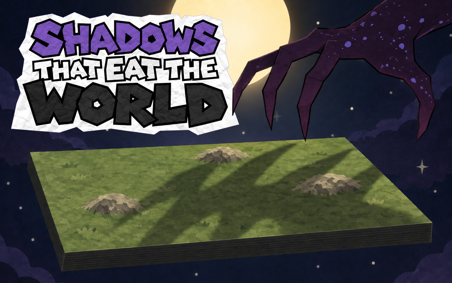 Shadows That Eat the World: a giant shadowy hand reaching over a flat landscape.